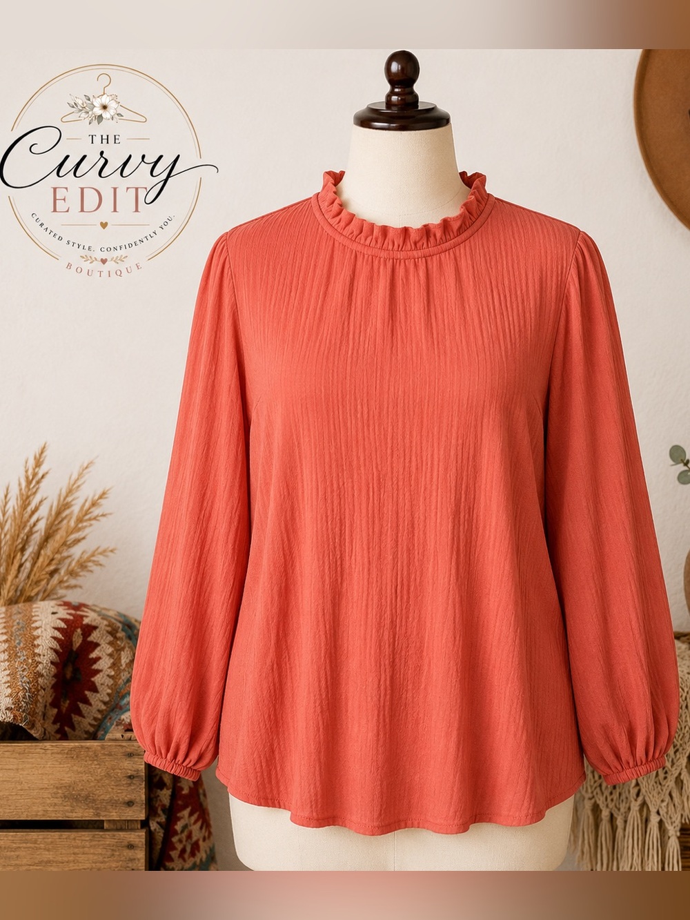 Adrianna Papell XL Pumpkin Orange Ruffle Neck Textured Long Sleeve Blouse Chic